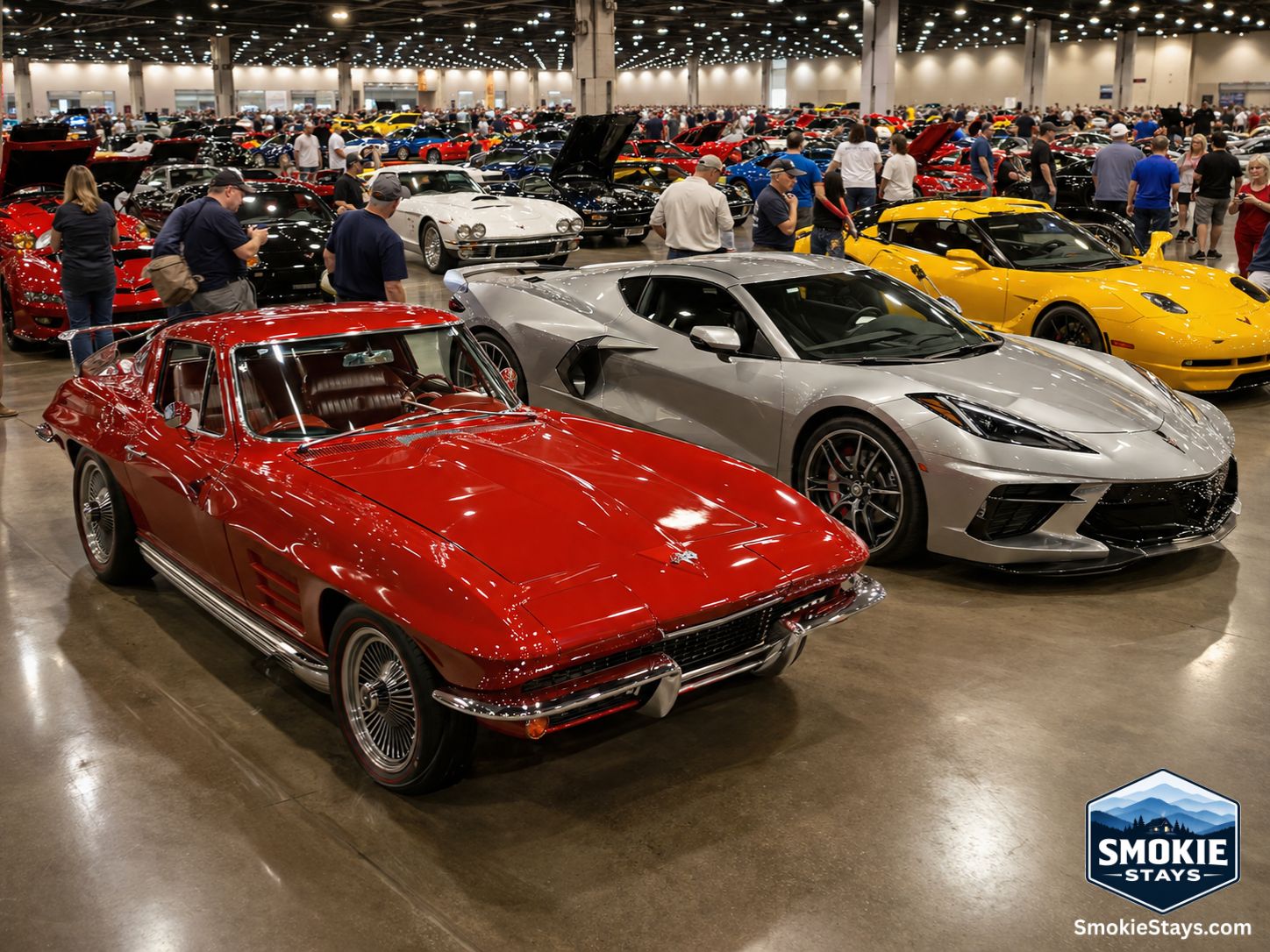 Rows of Corvettes from multiple generations fill the LeConte Center floor at the Corvette Expo in Pigeon Forge, Tennessee, with enthusiasts admiring the vehicles during the 50th anniversary Smoky Mountain car show.