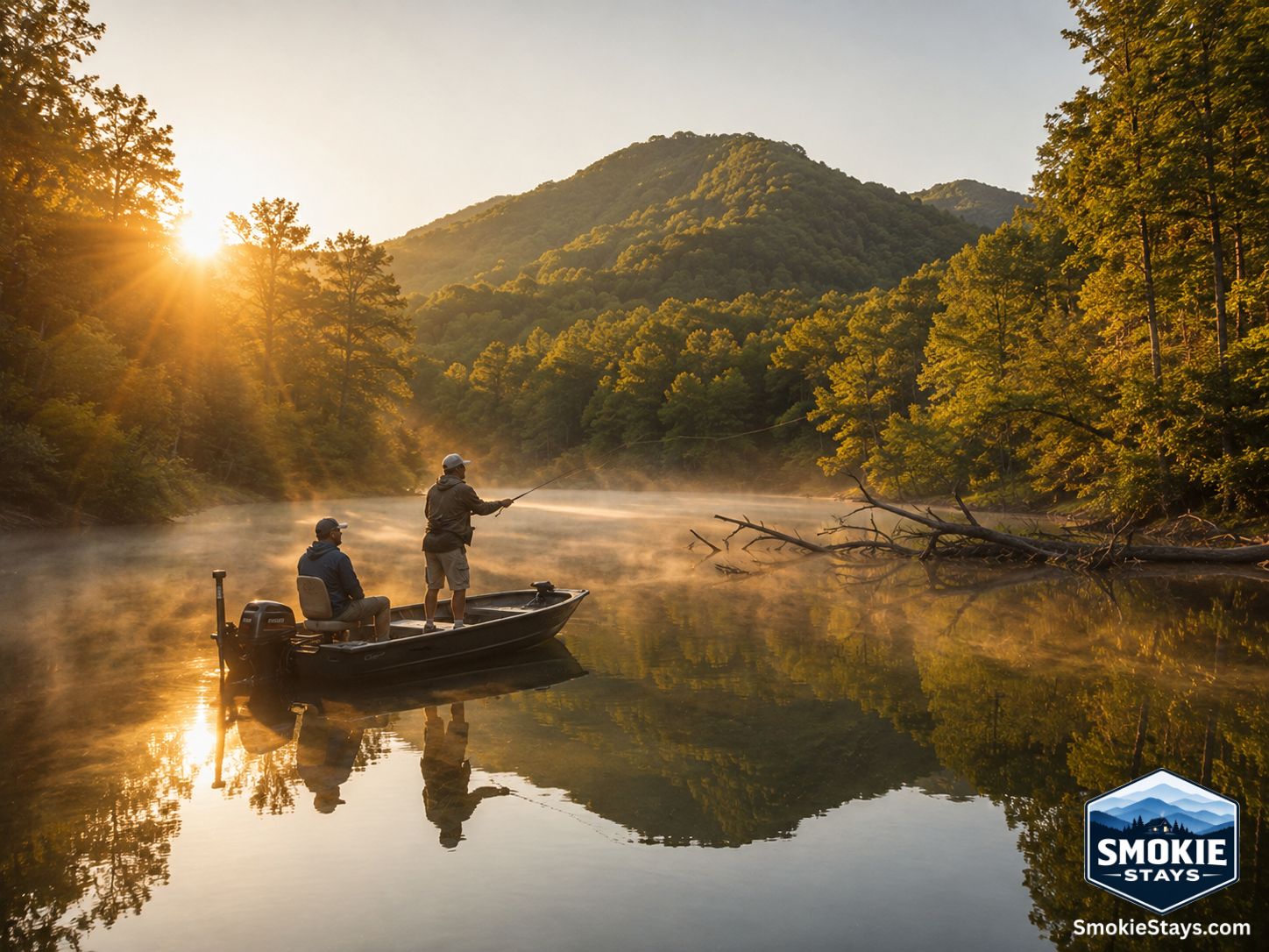Two anglers fish from a small aluminum boat on a calm, mist-covered Douglas Lake at sunrise, with the forested Smoky Mountain ridgeline reflected in the still water near Sevierville, Tennessee.