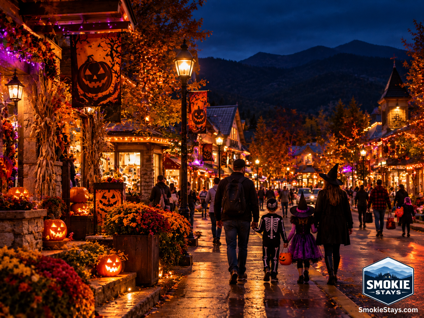 A family in Halloween costumes trick-or-treats along a downtown Smoky Mountains street decorated with carved pumpkins, orange lights, and Halloween banners, with the forested mountain ridgeline visible above the rooftops on a clear October night.