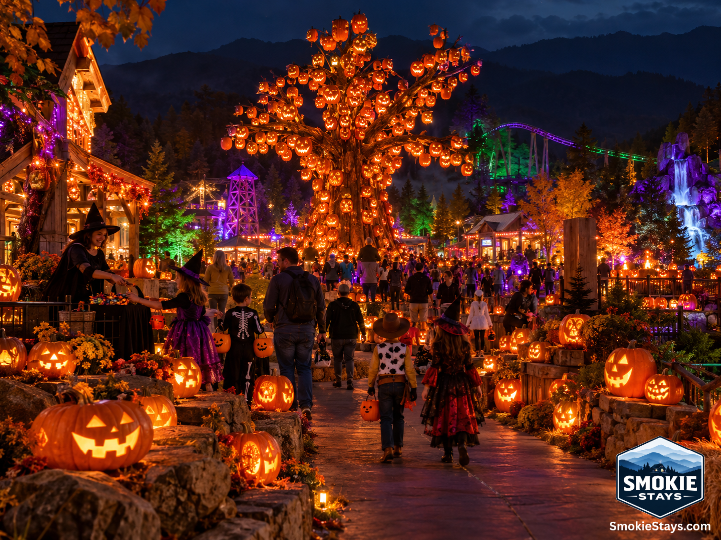 Guests in Halloween costumes walk a path lined with thousands of glowing carved pumpkins during Harvey's Boo Bash after-hours Halloween event at Dollywood, with a massive 40-foot illuminated pumpkin tree glowing at the center.