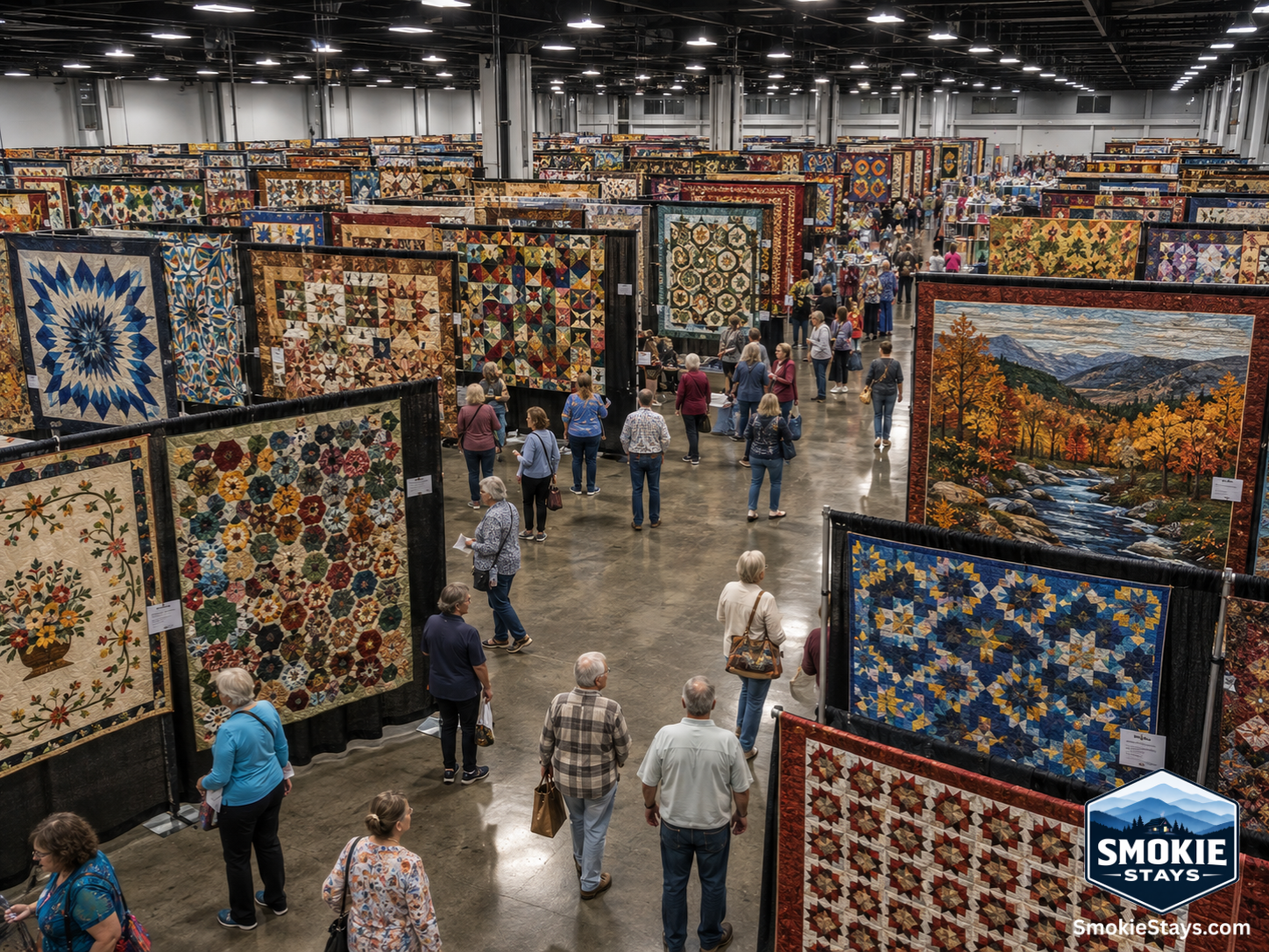 Hundreds of competition quilts in vibrant colors hang from display systems throughout the LeConte Center exhibit hall during A Mountain Quiltfest in Pigeon Forge, Tennessee, with visitors examining the works up close.