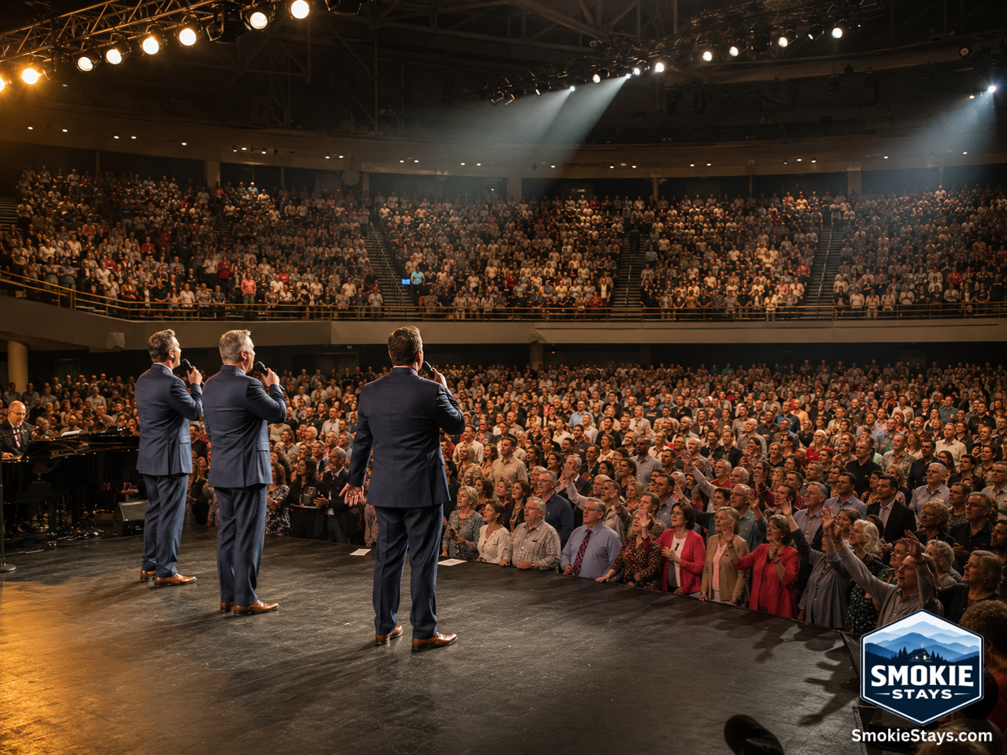 A Southern Gospel quartet performs on a brightly lit stage to a packed arena at the National Quartet Convention at the LeConte Center in Pigeon Forge, Tennessee, with a multi-generational audience of thousands engaged in worship.
