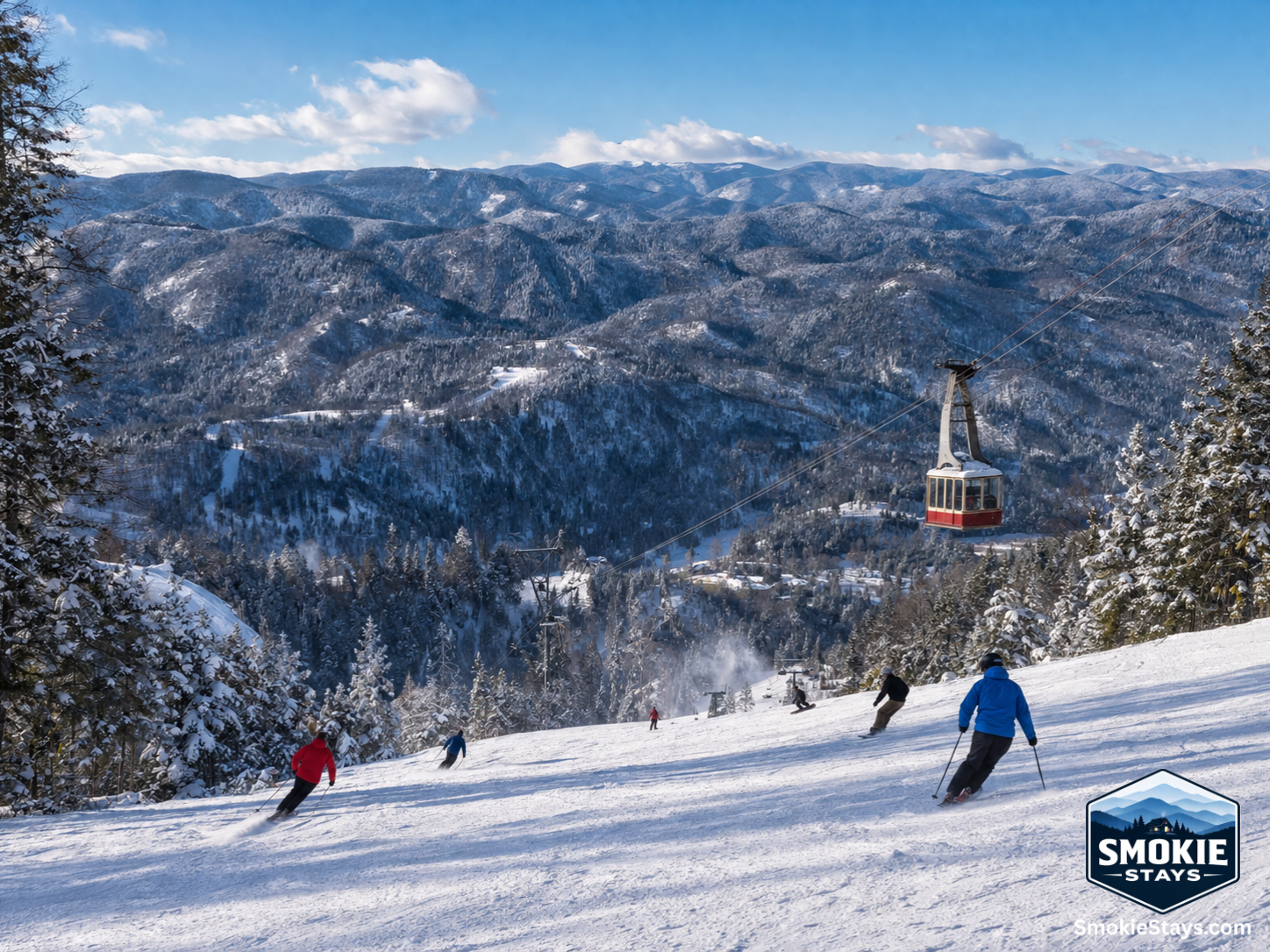 Skiers carve down a groomed slope at Ober Gatlinburg — Tennessee's only ski resort — with the Smoky Mountain ridgeline visible in the background and the aerial tramway ascending to the summit.